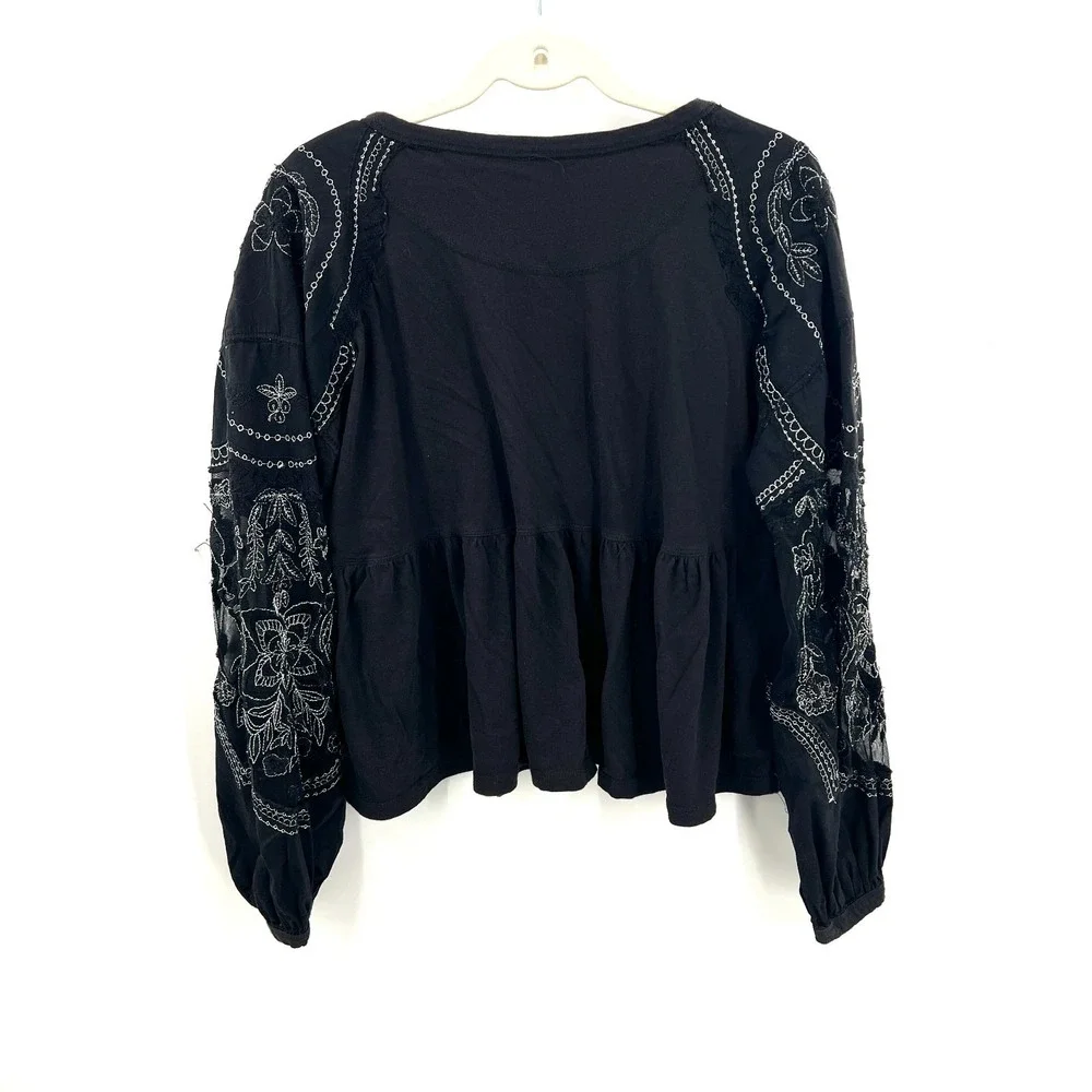 Free People Embroidered Penny Tee black whimsigoth boho‎ whimsical blouse top S